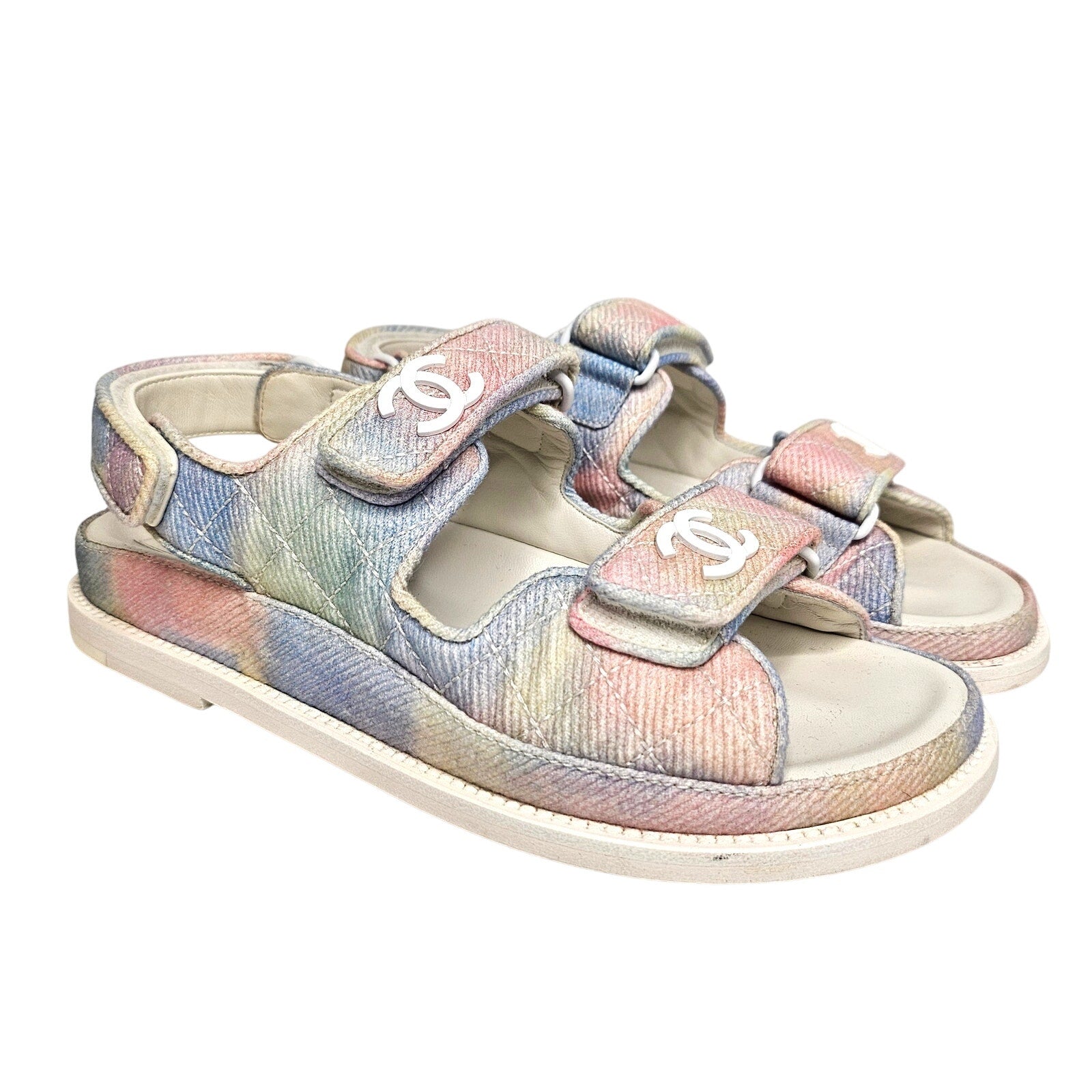 Chanel Printed Fabric Quilted Dad Sandals Green Pink Blue US 7 / EU 37