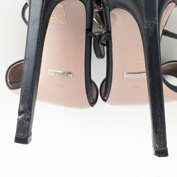 Gucci Crystal GG Black Leather Strappy Sandal Heels US 10 / EU 40