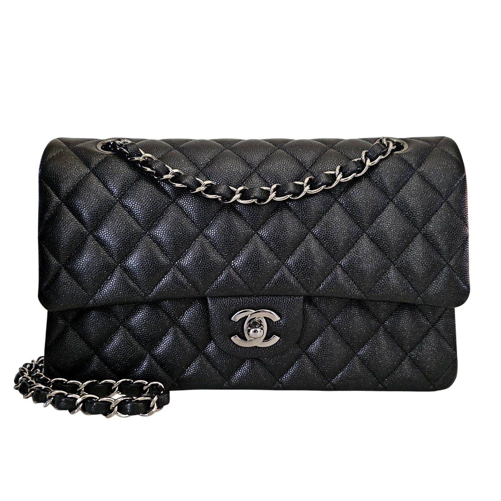 Chanel Classic Medium Glitter Flap 18C Iridescent Black Caviar Gunmetal Hardware
