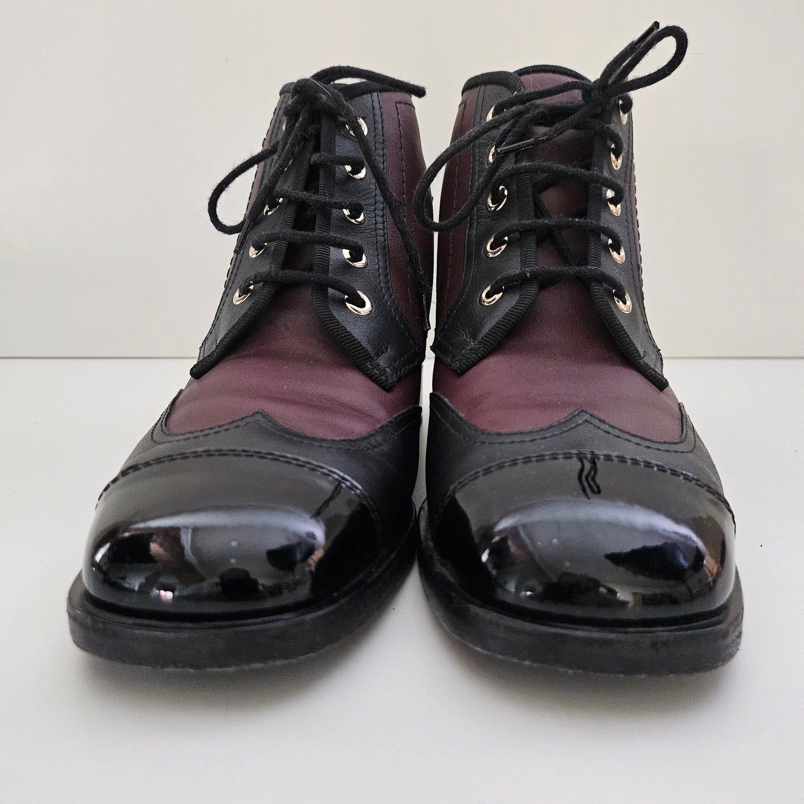 Chanel Burgundy/Black Patent and Leather CC Cap Toe Ankle Boots Size US 7.5 /  EU 37.5