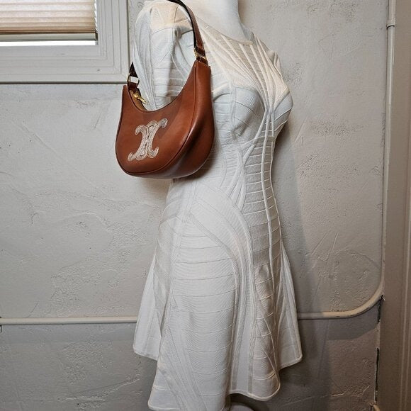 Celine Triomphe Embroidery Tan Brown Leather Shoulder Bag