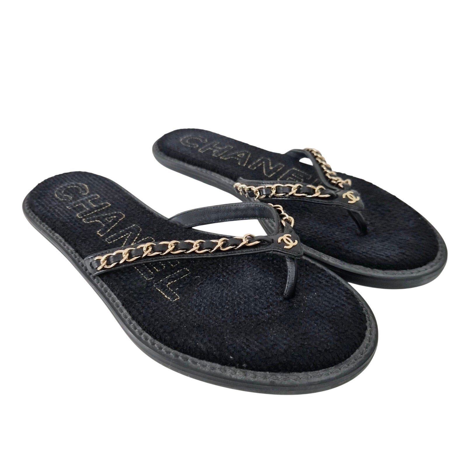 Chanel Lambskin Terrycloth Chain CC Thong Sandals - Size 7 / 37