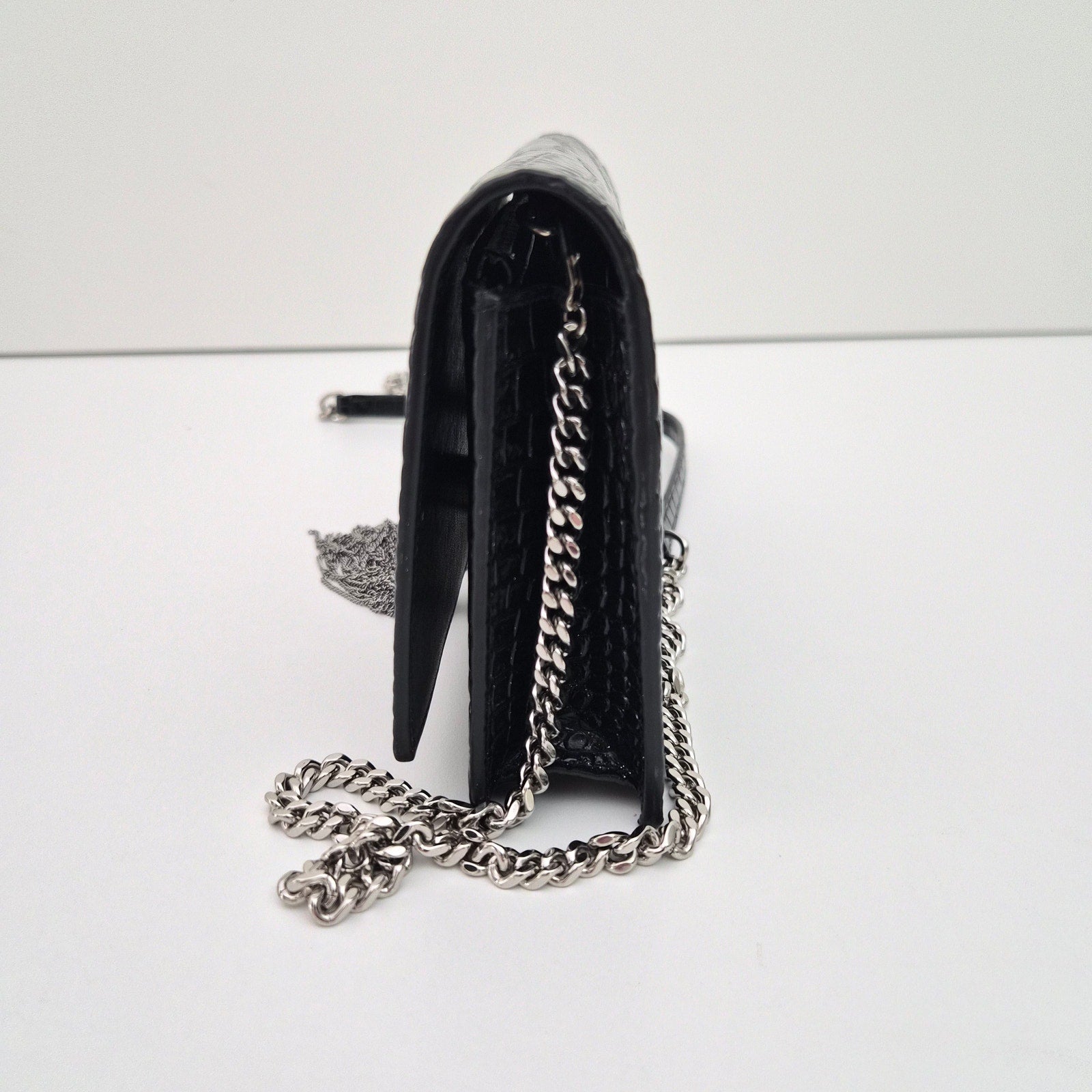 Saint Laurent Crocodile Embossed Kate Monogram Tassel Chain Wallet Black