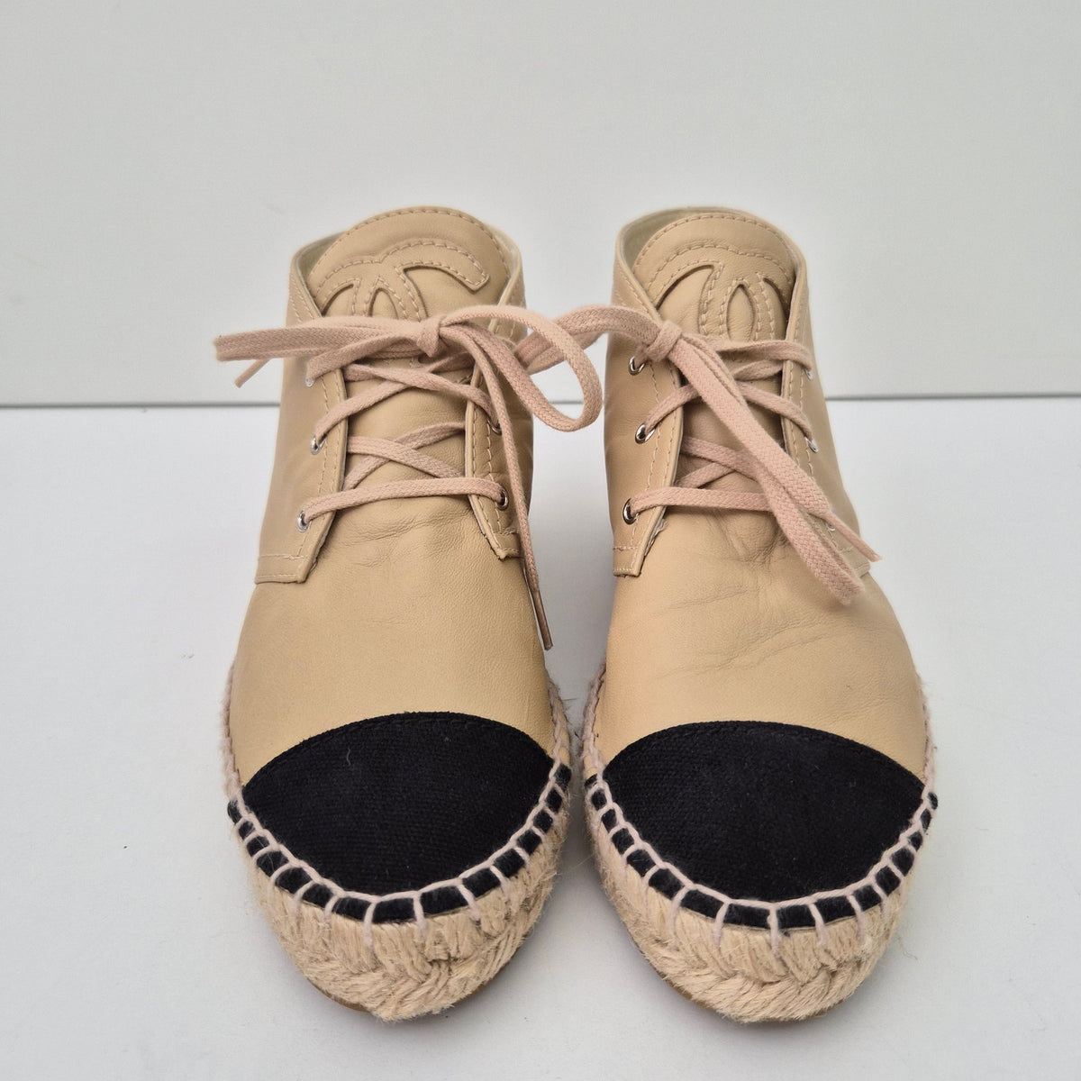 Chanel Beige Lambskin CC Logo High Top Espadrilles US 7 / EU 37