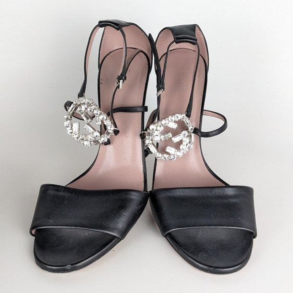 Gucci Crystal GG Black Leather Strappy Sandal Heels US 10 / EU 40