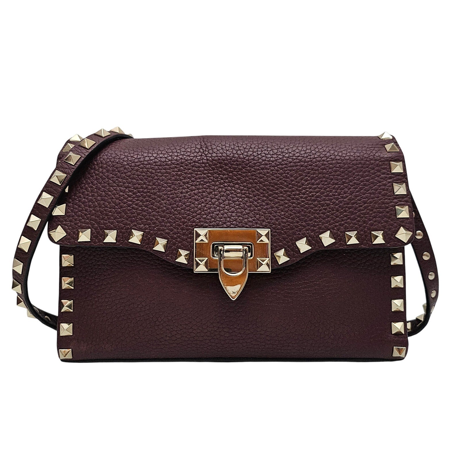 Valentino Pebbled Calfskin Medium Rockstud Flip Lock Crossbody Bag Burgundy