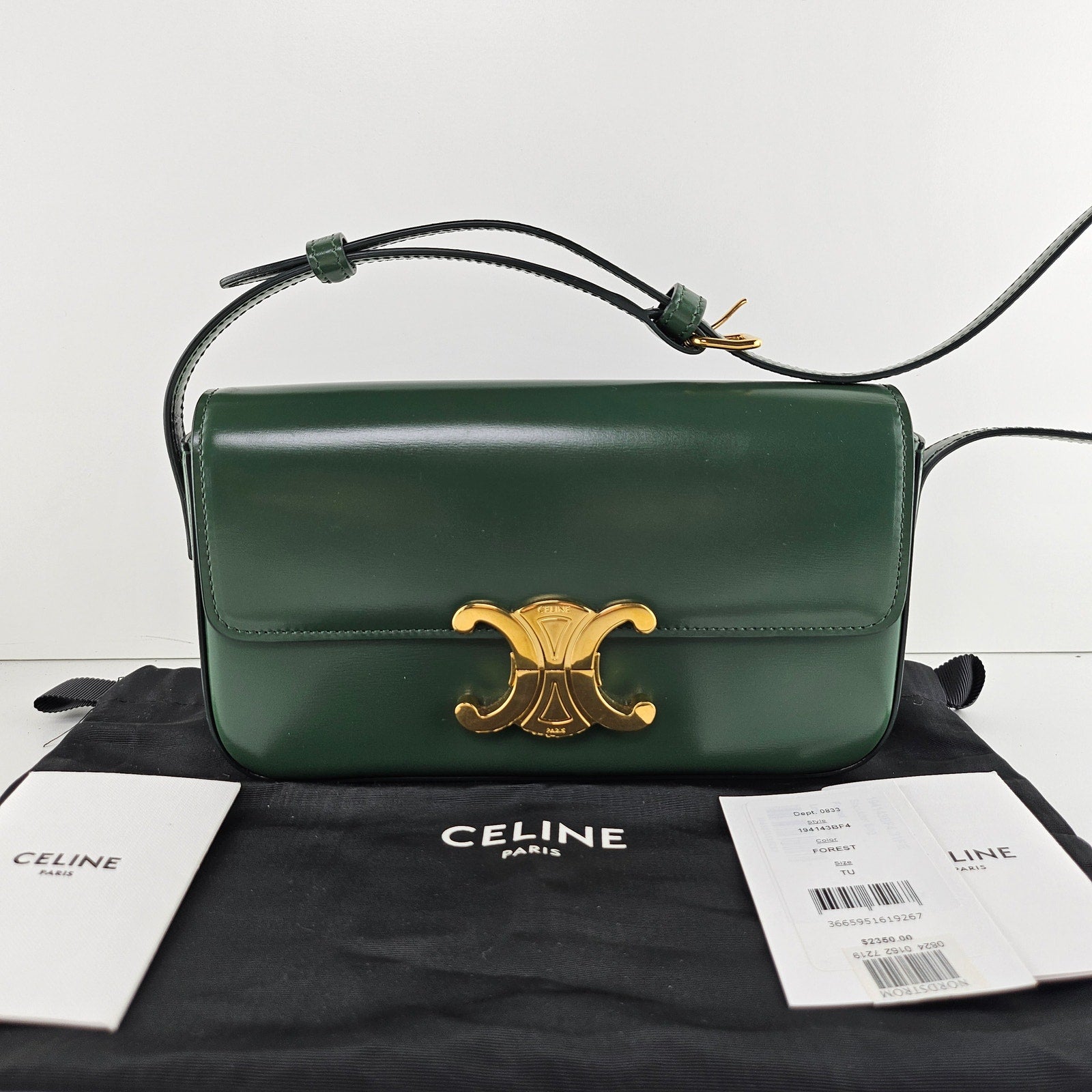 Celine Shiny Calfskin Triomphe Forest Green Shoulder Bag