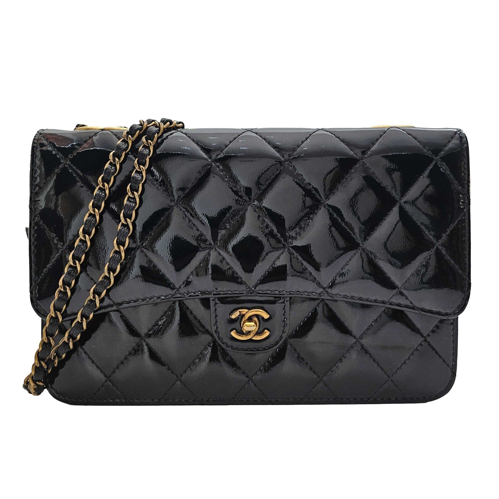 Chanel Patent Goatskin Quilted CC Eyelet Wallet On Chain WOC Black