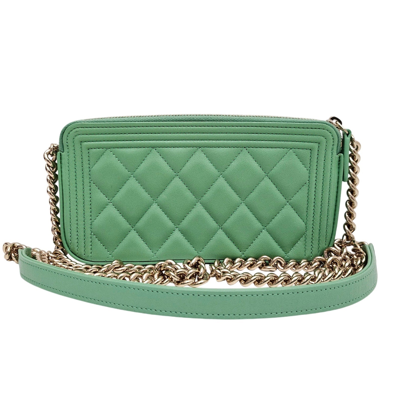 Chanel Lambskin Quilted Small Boy Clutch With Chain Green