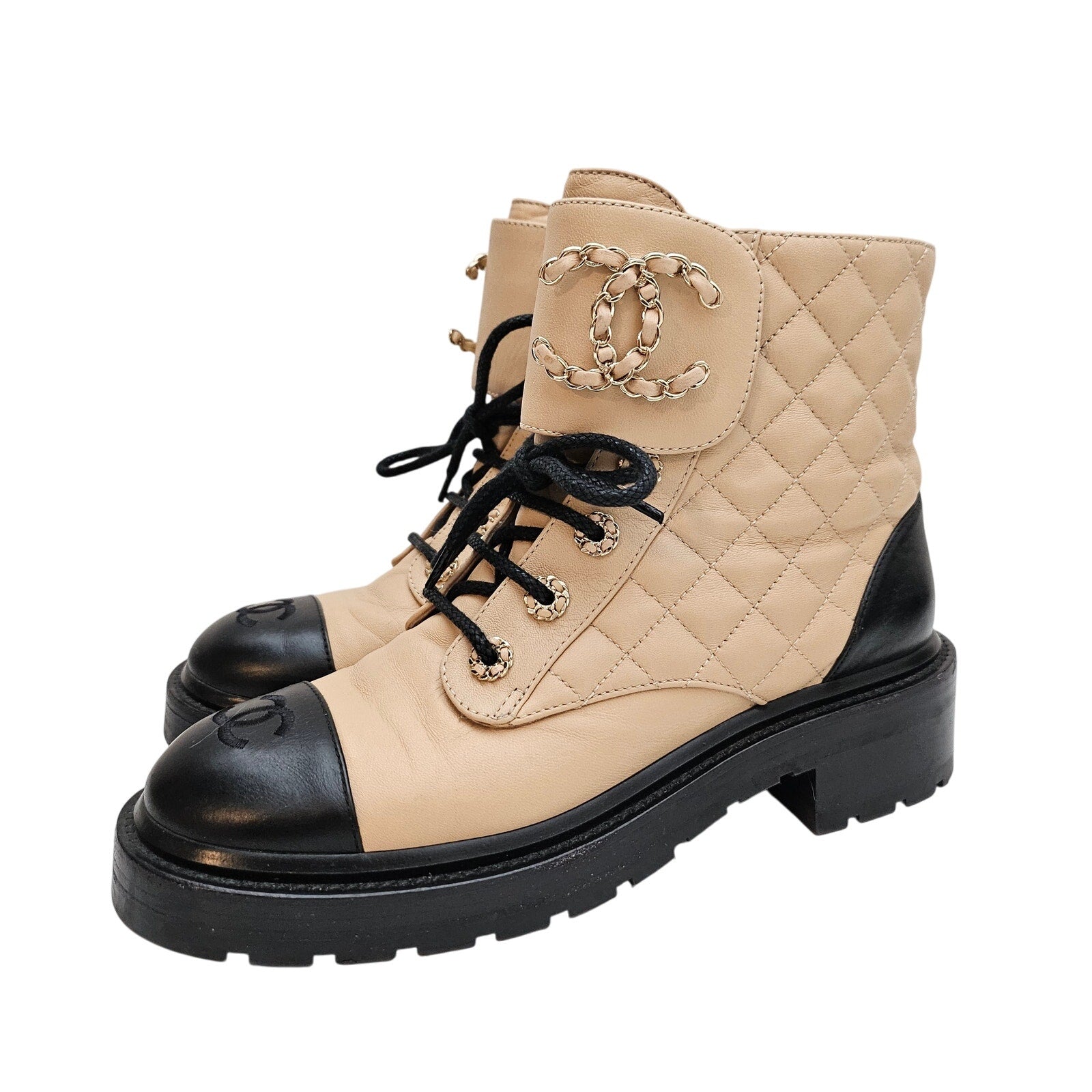 Chanel 21A CC Calfskin Quilted Lace Up Combat Boots US 8 / EU 38