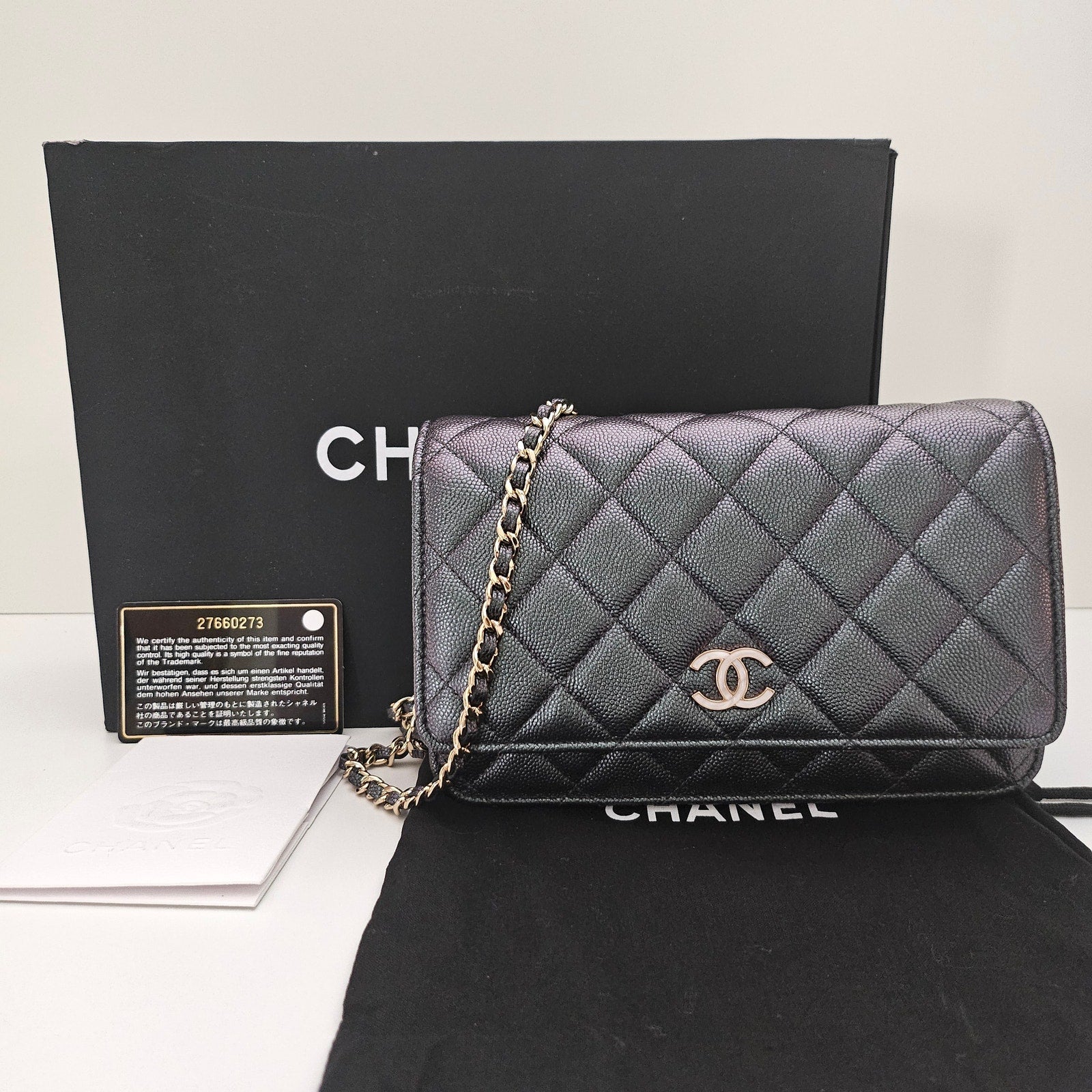 Chanel Iridescent Caviar Quilted Wallet On Chain WOC Pearl CC