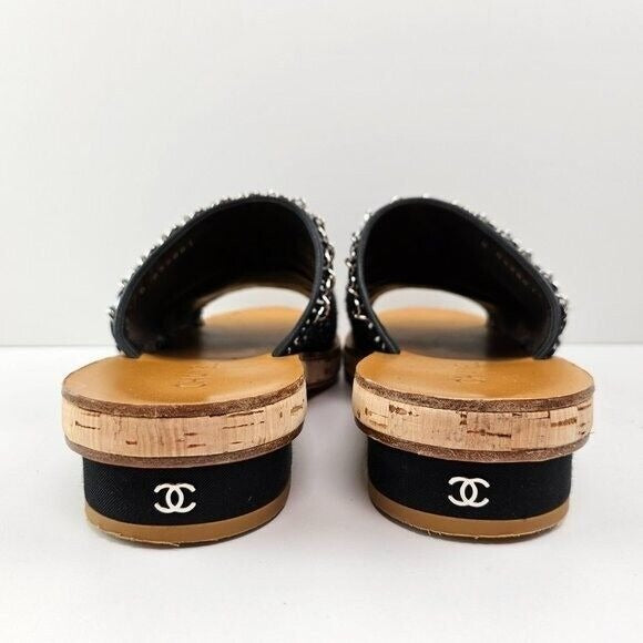 Chanel Black Chain Leather Cork Slide Sandals US 9 / EU 39