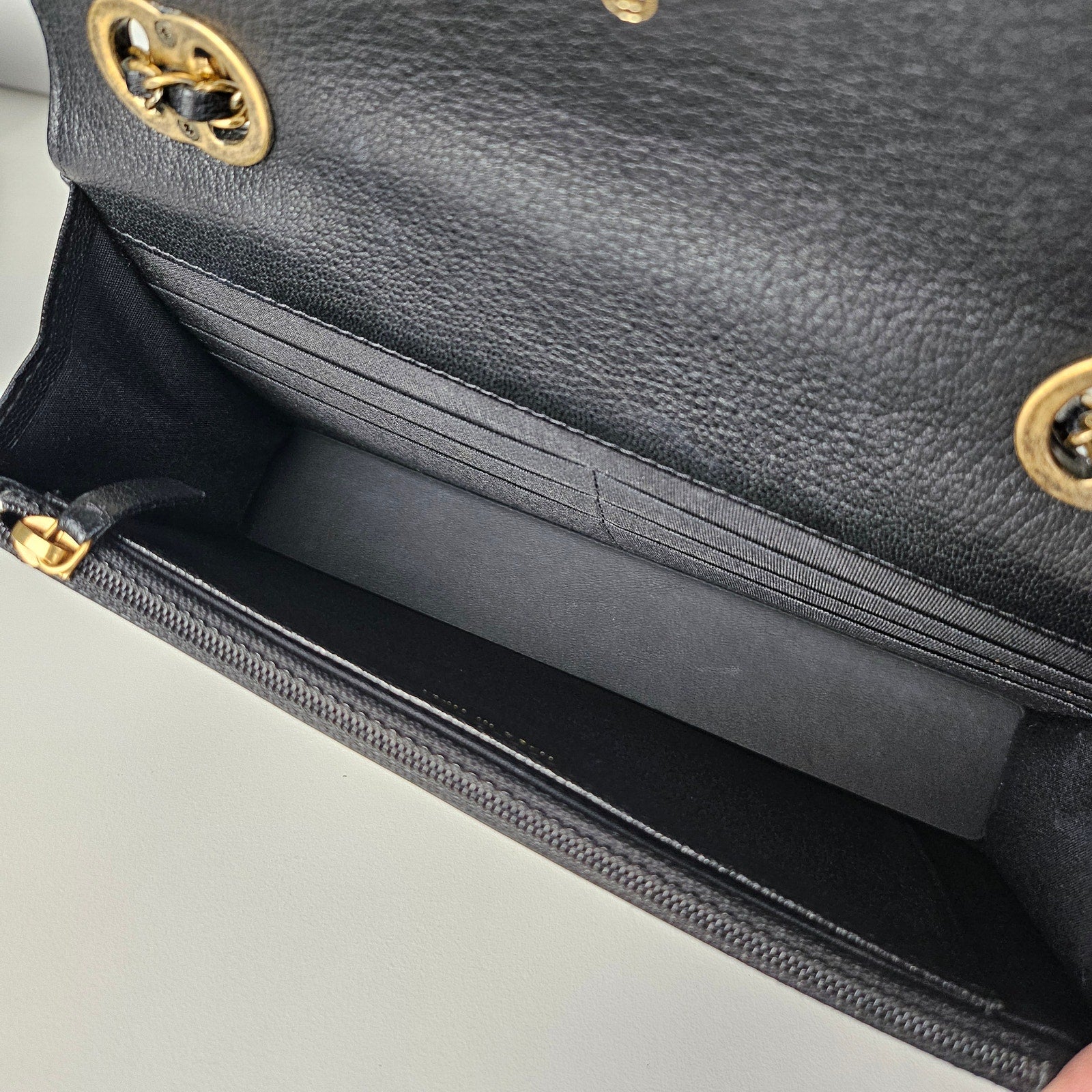 Chanel Patent Goatskin Quilted CC Eyelet Wallet On Chain WOC Black