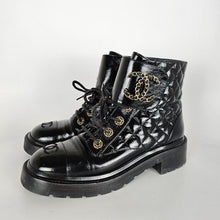 Load image into Gallery viewer, Chanel 21A CC Shiny Calfskin Quilted Lace Up Combat Boots US 8.5 / EU 38.5
