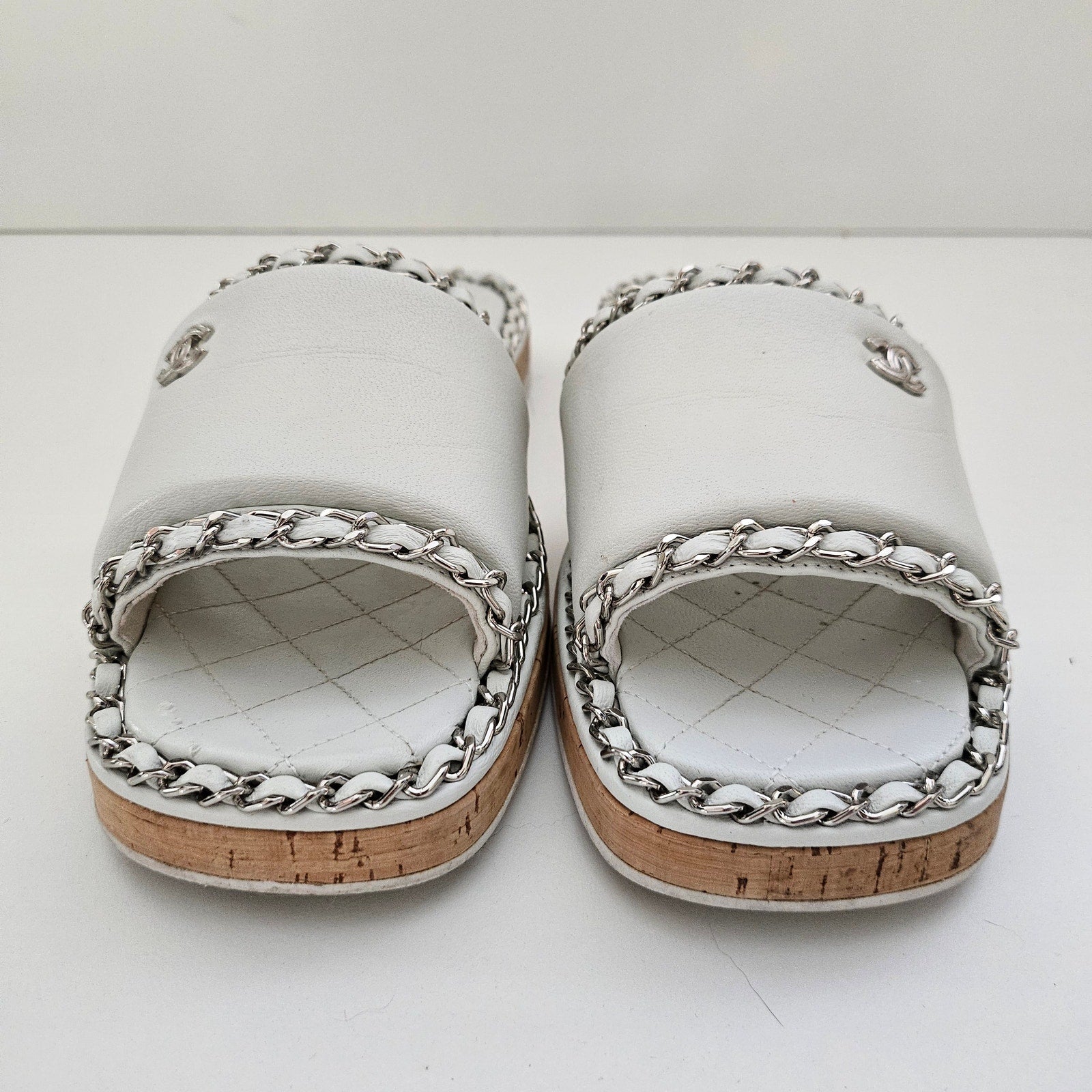 Chanel White Leather CC Chain Slides US 8 / EU 38