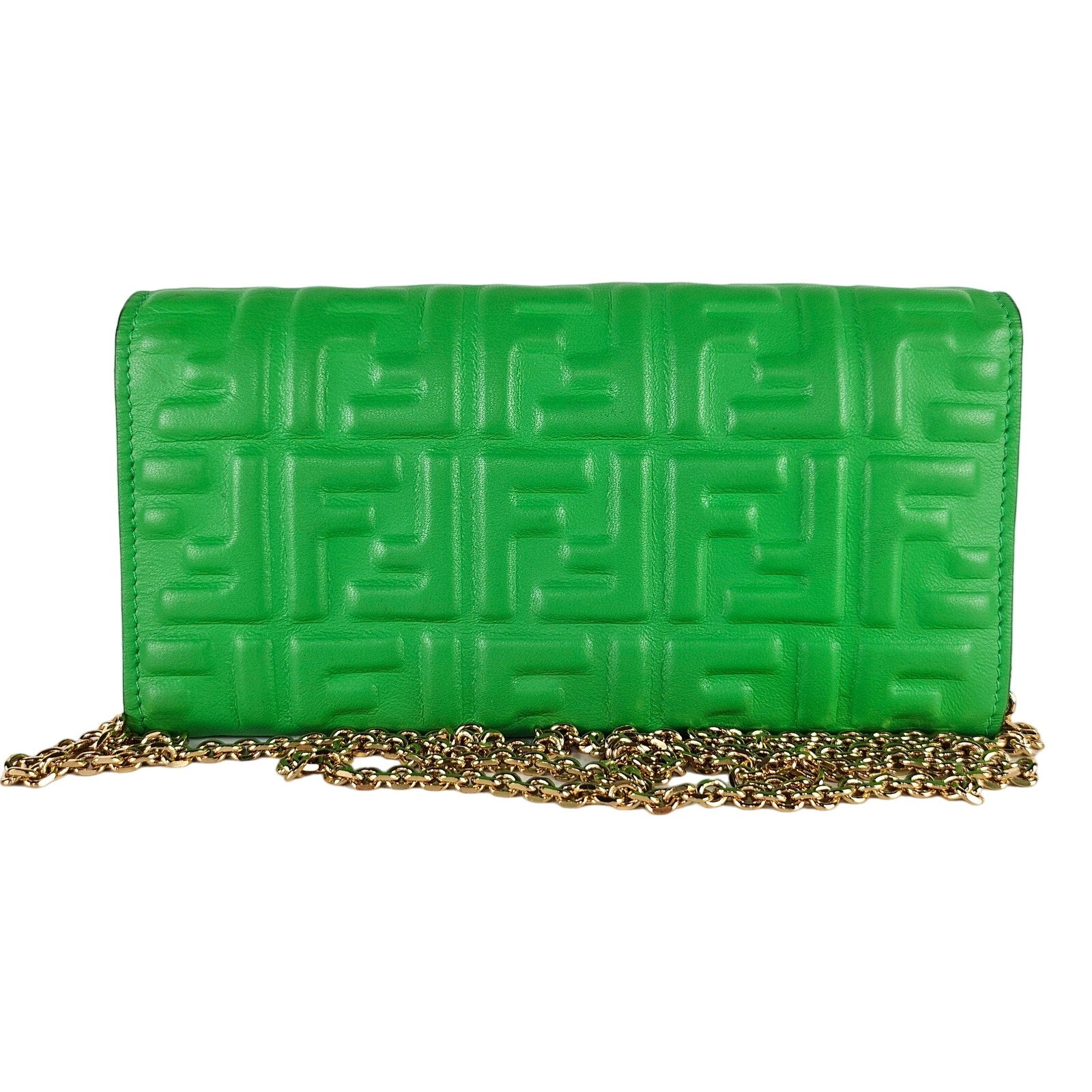 Fendi Baguette Continental Wallet on Chain Zucca Embossed Leather Green